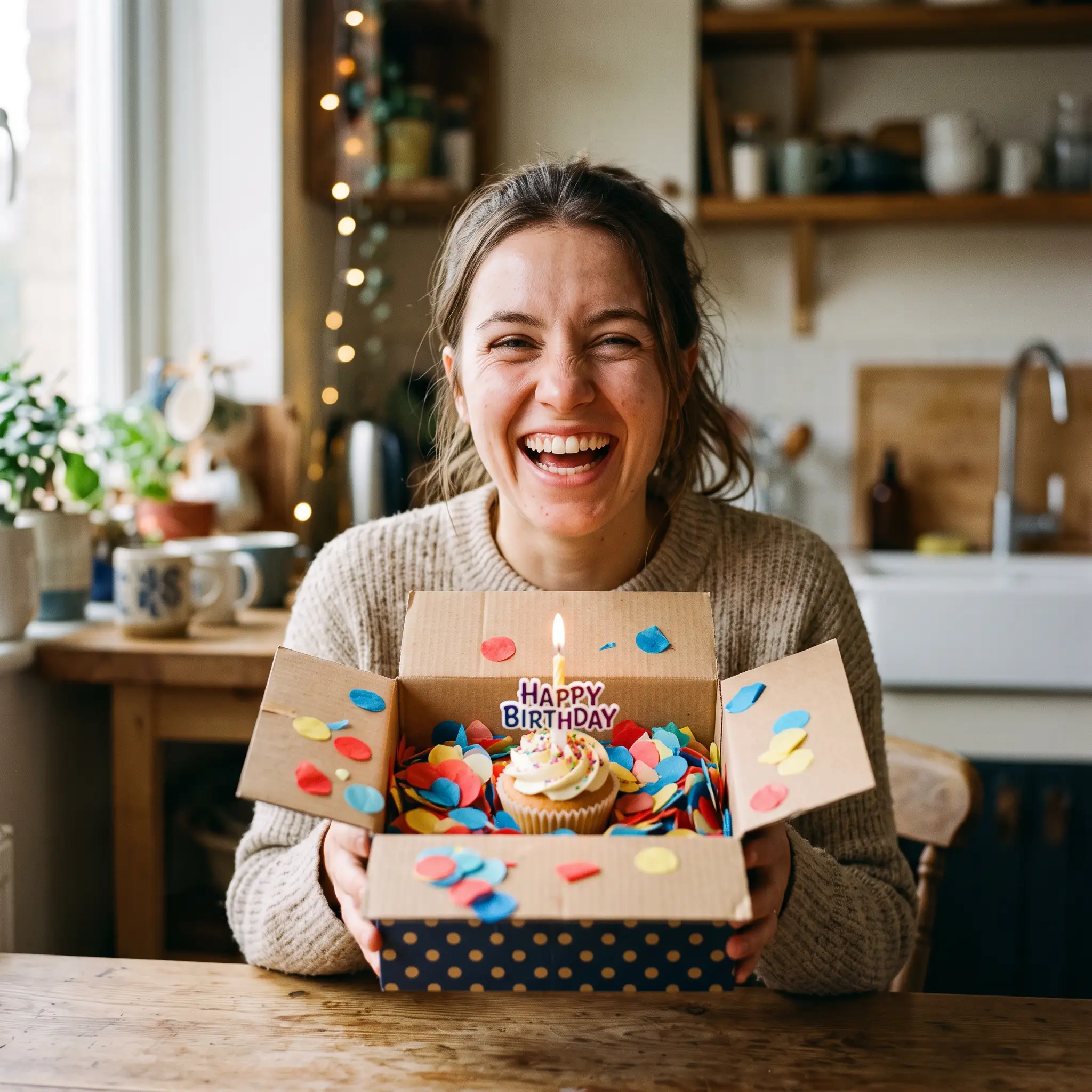 Marina G. sosteniendo su caja sorpresa